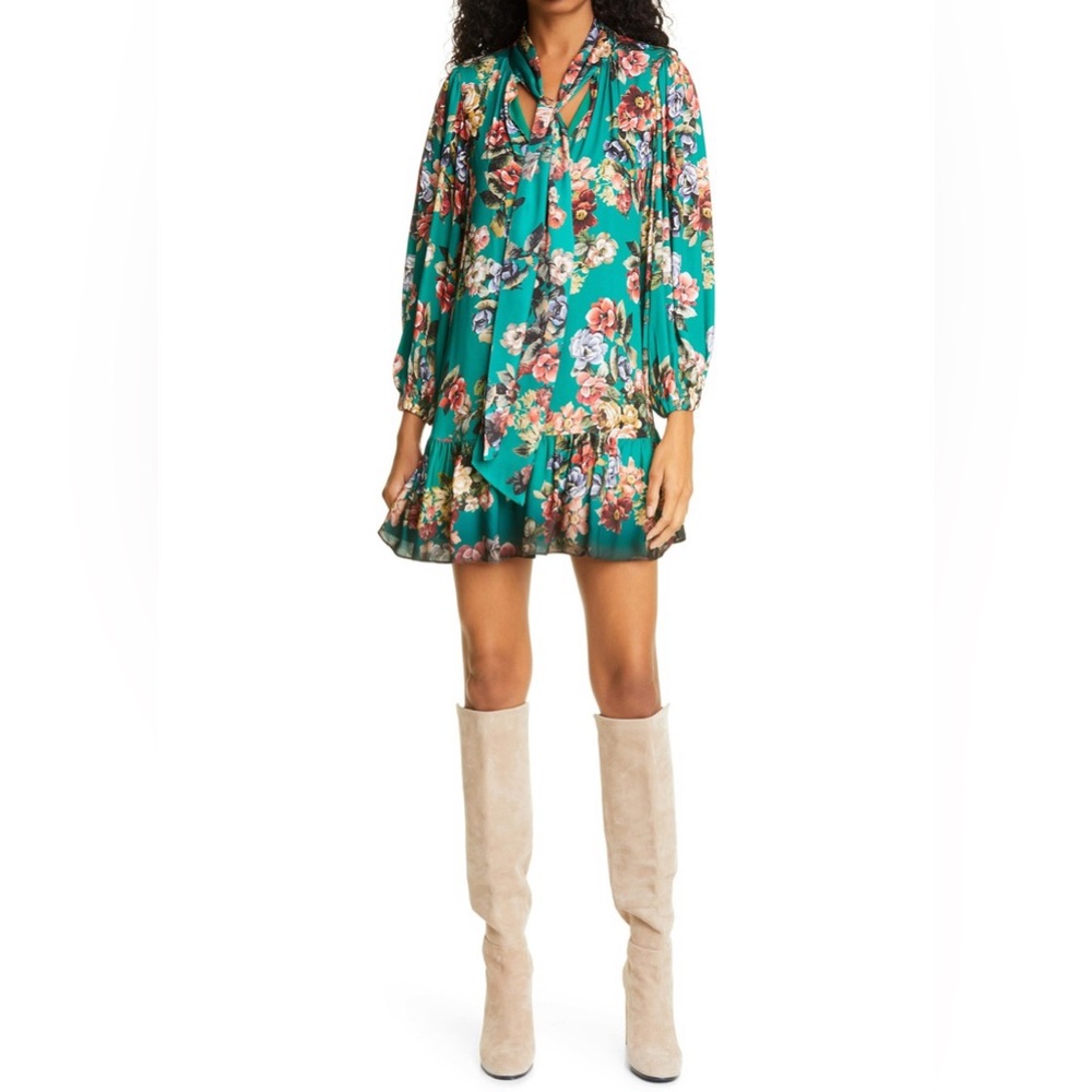 Alice + Olivia Merrilee Floral Long Sleeve Tie Neck Mini Dress